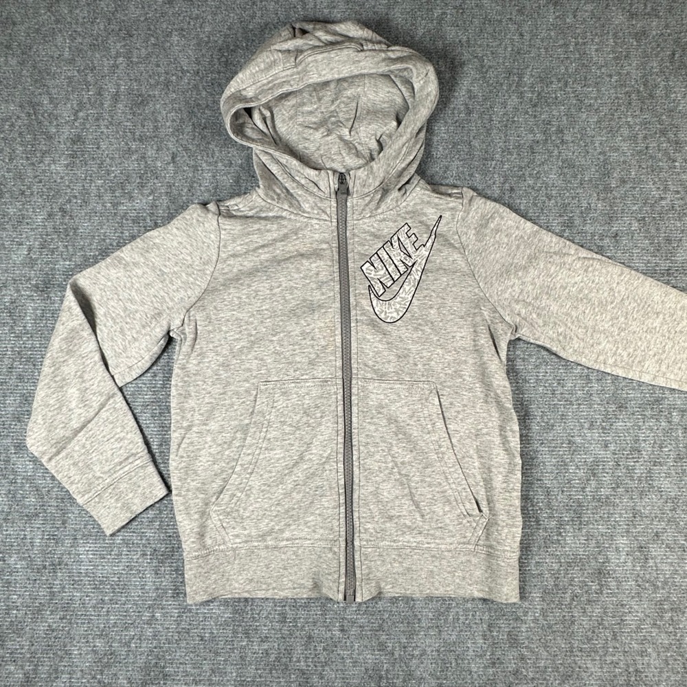 Nike Kids Full Zip Hoodie Heather Grey Swoosh Graphic Sweatshirt Size Small